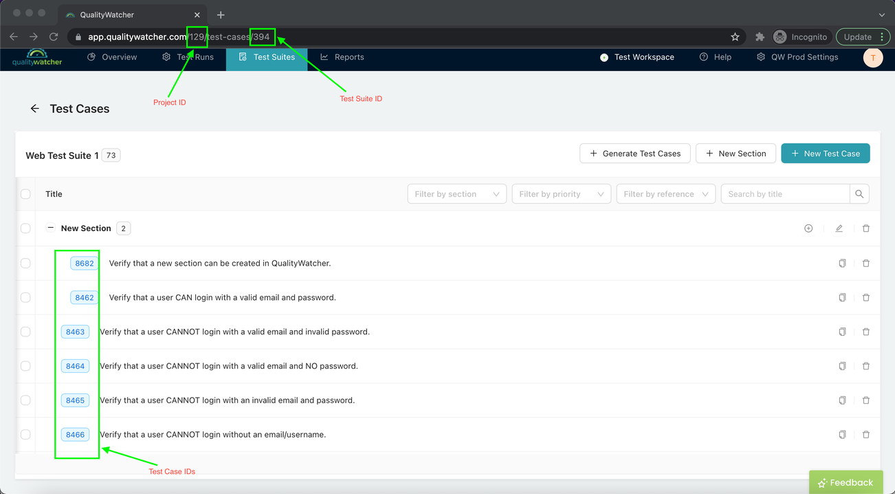 Finding Your Project ID, Test Suite IDs, and Test Case IDs