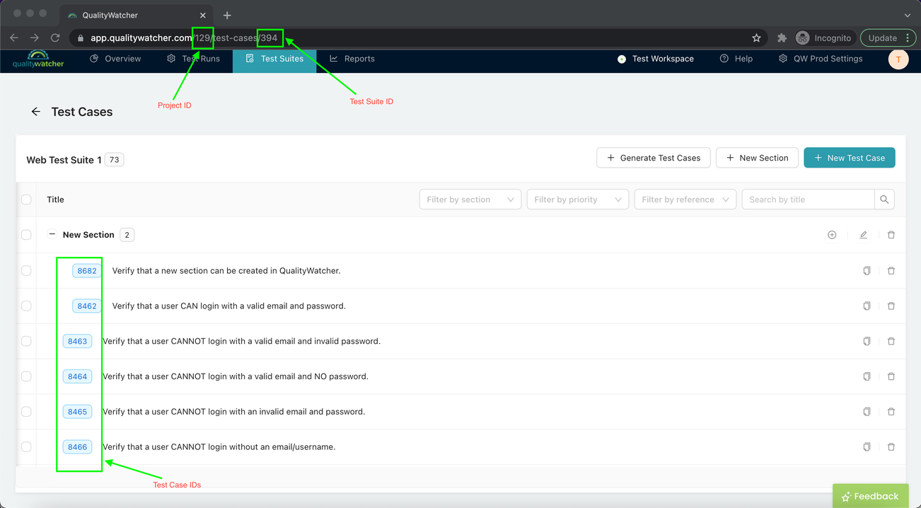 finding QualityWatcher suite id, case id, and project id